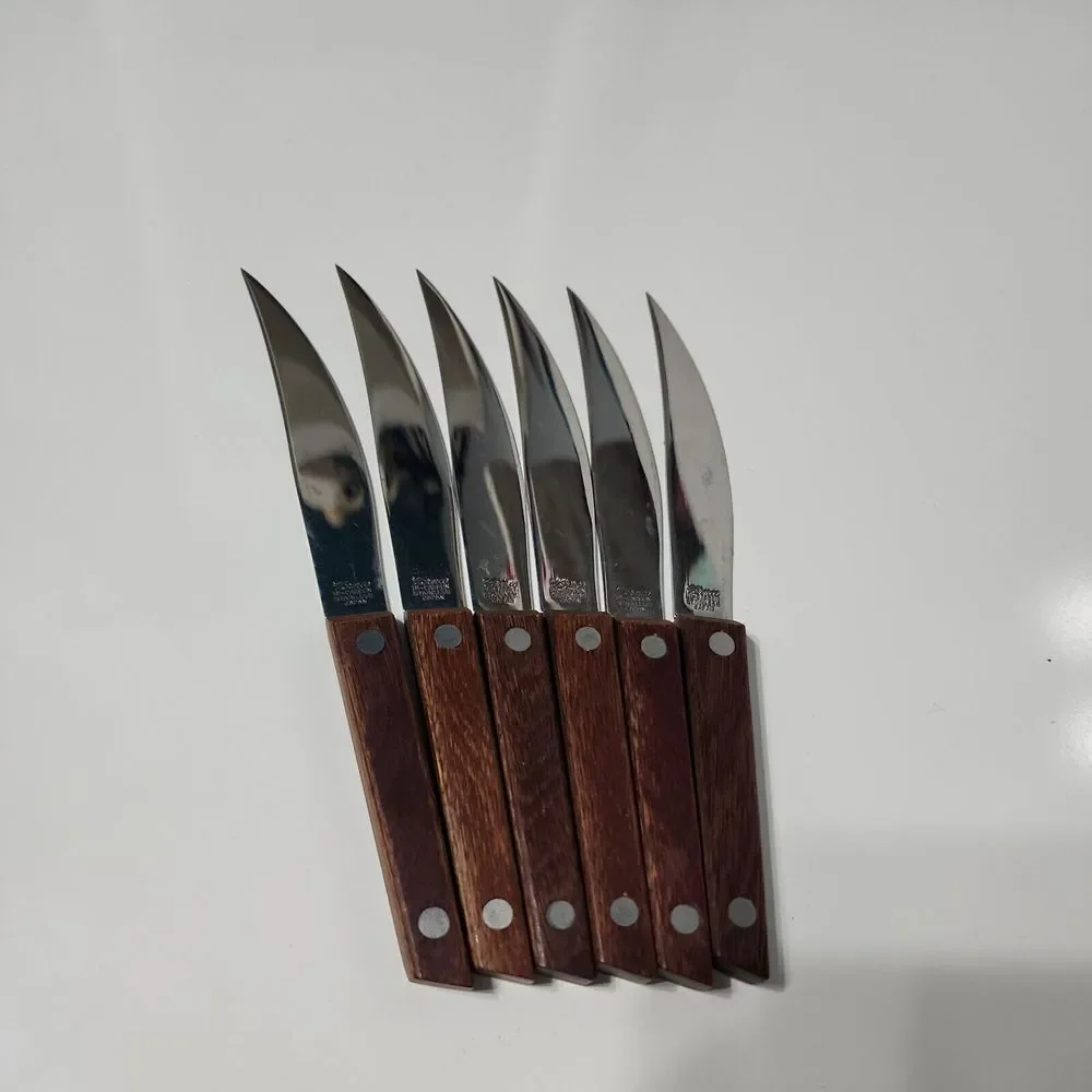6 PC‎ 1970 VERNCO MID CENTURY MCM KNIFE SET KNIVES TEAK HANDLES IN BUTCHER BLOCK
